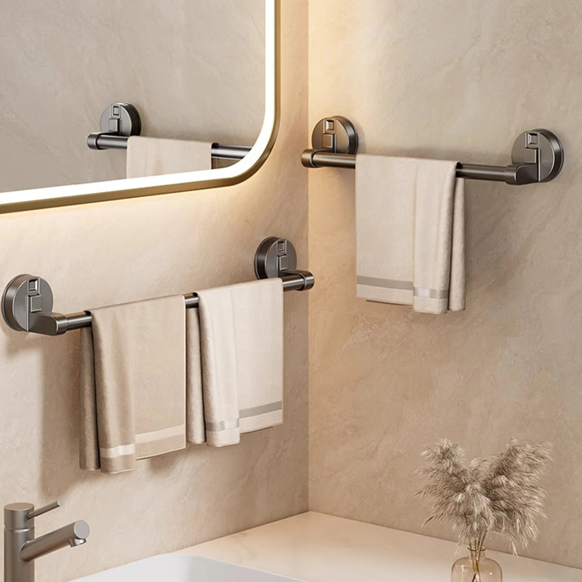 Porte-serviettes a ventouse double barre fixe sur un mur de salle de bain carrele