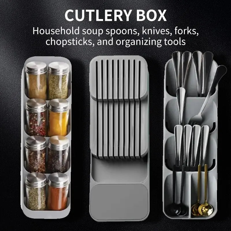 Organiseur de cuisine avec compartiments a couverts et fente porte-couteau sur un comptoir