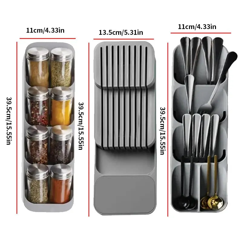 Organiseur de cuisine avec compartiments a couverts et fente porte-couteau sur un comptoir
