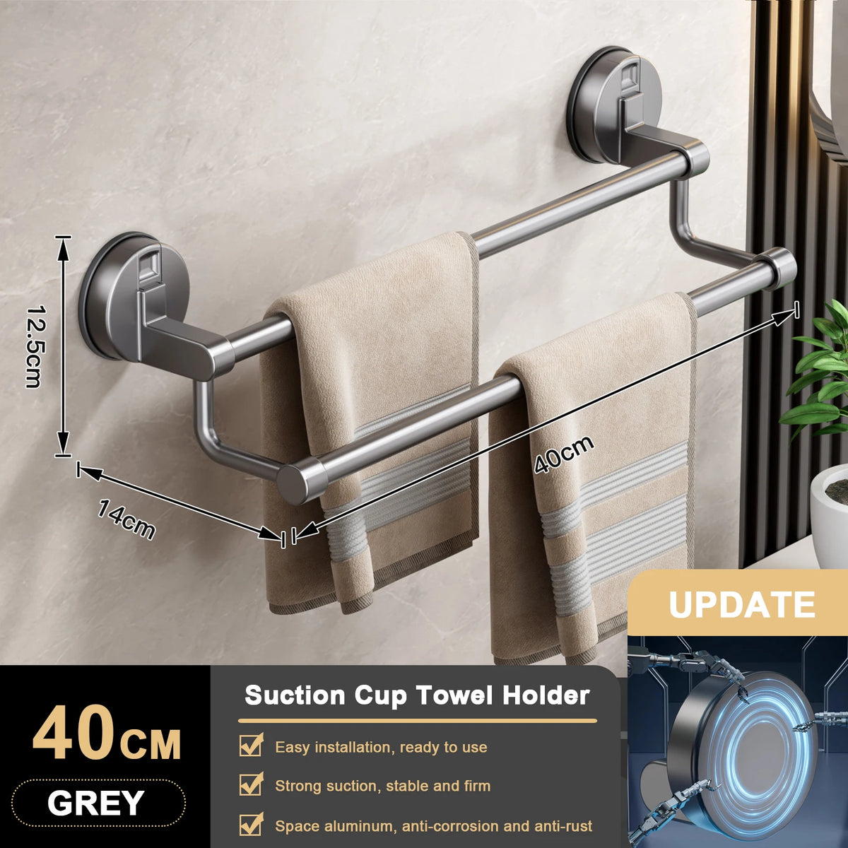 Porte-serviettes a ventouse double barre, sans percage