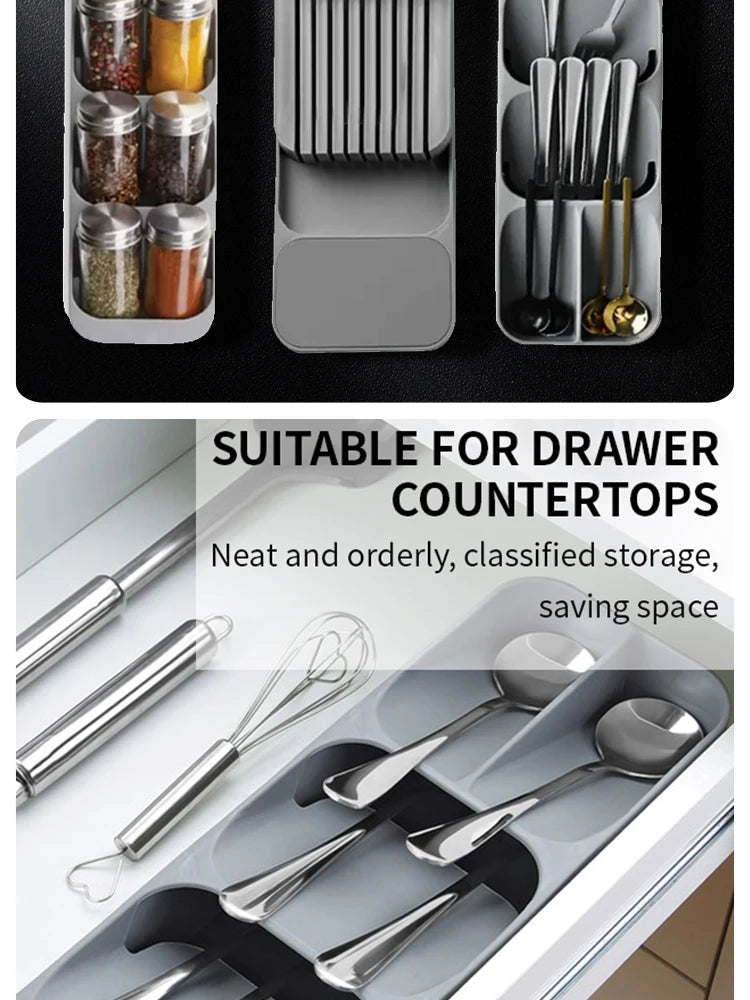 Organiseur de cuisine avec compartiments a couverts et fente porte-couteau sur un comptoir